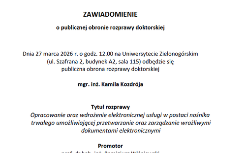 Zawiadomienie o publicznej obronie rozprawy doktorskiej